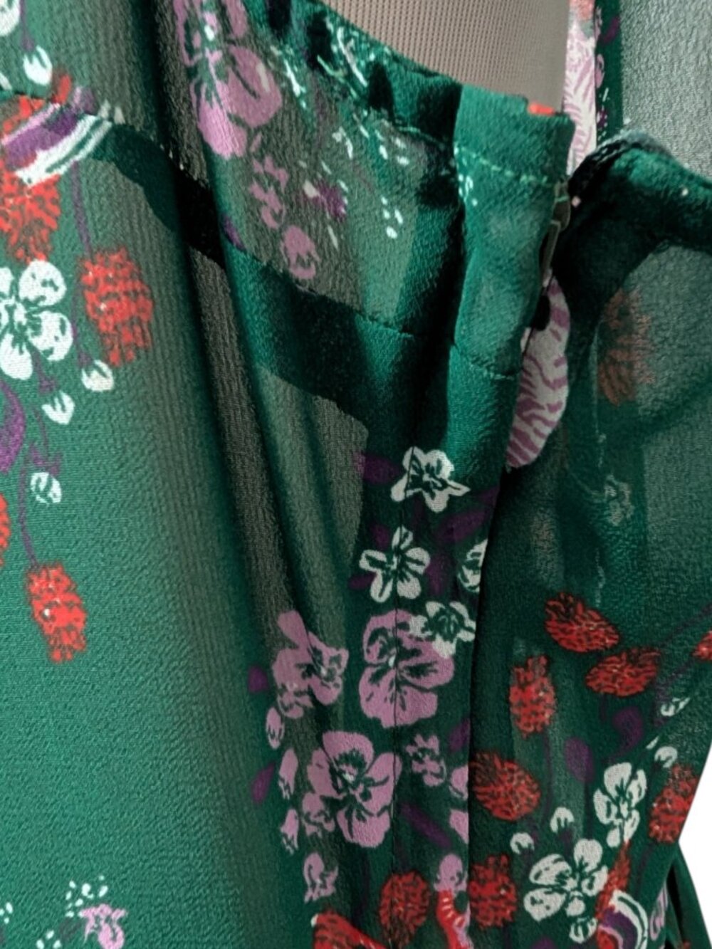Modcloth Womens Size XL Green Floral Kitty Cats Sheer Ruffle Neck Retro Dress - Picture 8 of 12